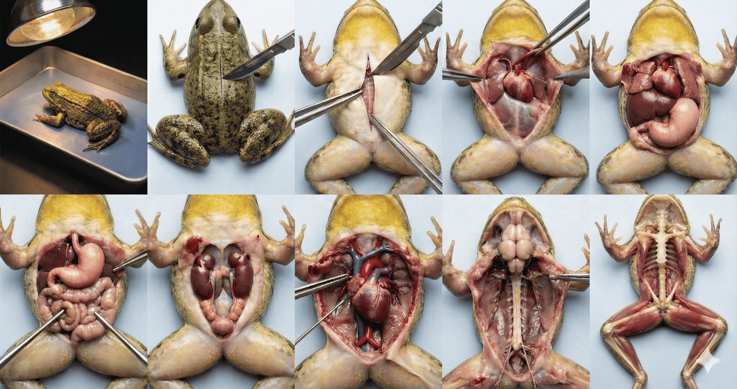 황소개구리 복부 절개 및 장기 구조를 단계별로 보여주는 해부 사진 스프라이트